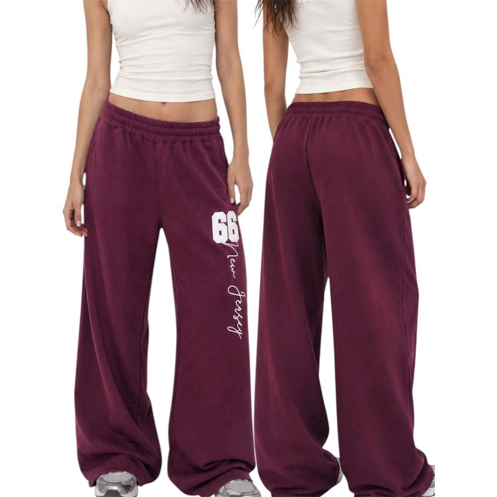 S Boohoo Burgundy 66 New Jersey Wide Leg Graphic Fleece Sweatpants